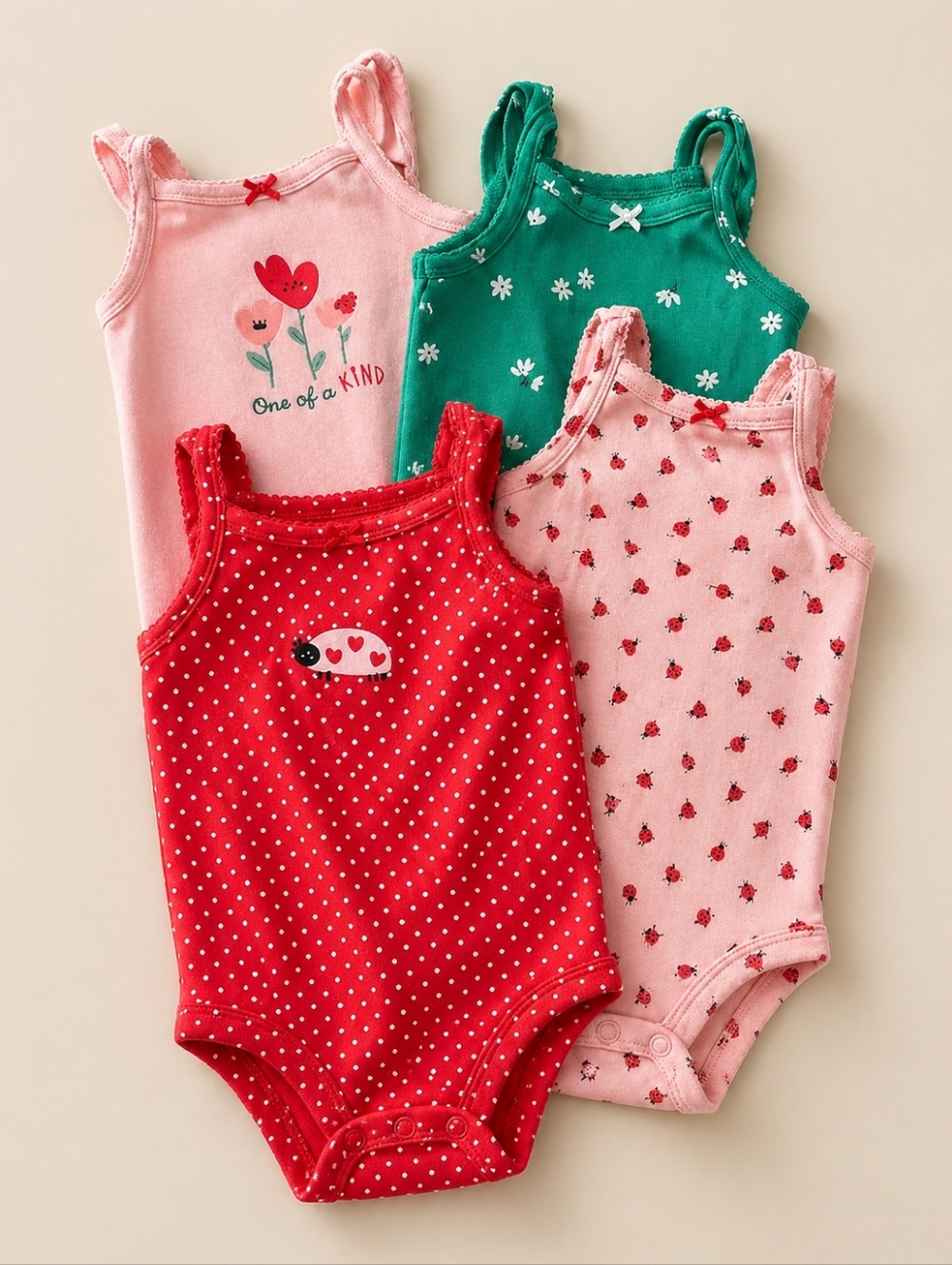 Carters 6M Baby Girl Sleeveless Tank Bodysuit 4 Bundle Pink/Red/Green Floral Bug